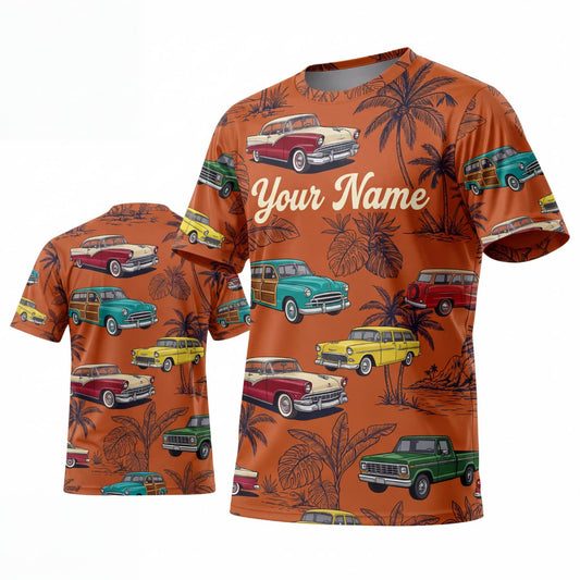 Maxcorners Personalized Car Classic Muscle Car 3D T-Shirt – Burnt Orange Personalized Name Tropical Classic Cars