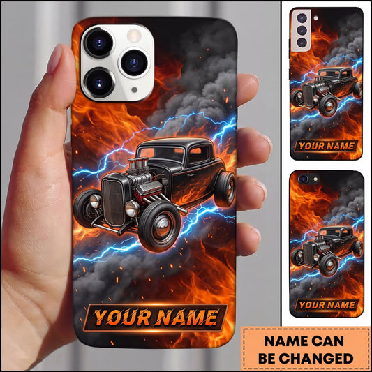 Maxcorners Hot Rod Black Vintage Car with Blue Lightning and Orange Fire Personalized Name 3D Phone Case