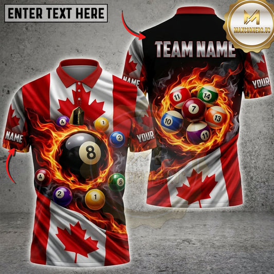 Maxcorners Billiards Canadian Flag Black 8 Ball And Colorful Pool Balls Personalized Name 3D Unisex Shirt