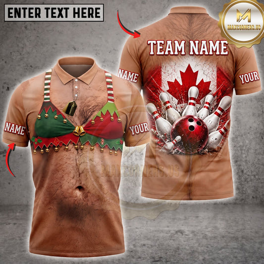 Maxcorners Bowling Funny Muscular Chest Canadian Maple Leaf Bowling Pins Personalized Name 3D Unisex Shirt