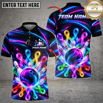 Maxcorners Bowling Cancer Awareness Ribbons Neon Cyber Waves Ball Explosive Pins Graphic Customized Name, Team Name 3D Shirts