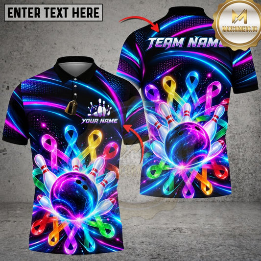 Maxcorners Bowling Cancer Awareness Ribbons Neon Cyber Waves Ball Explosive Pins Graphic Customized Name, Team Name 3D Shirts