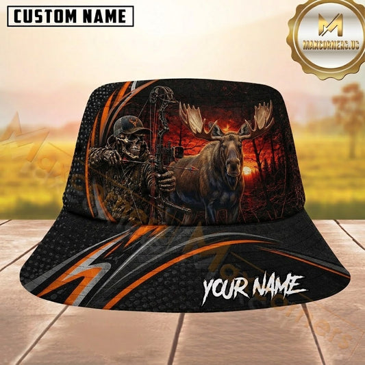 Maxcorners Moose Skeleton Bow Sunset Orange Striped Personalized Name 3D Bucket Hat