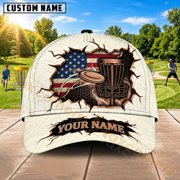 Maxcorners Disc Golf Basket & Eagle Graphic with Patriotic Flag Detail Customized Name 3D Cap
