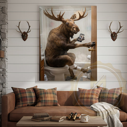 Maxcorners Moose Canvas White Bathroom Selfie Smartphone Humor Canvas Wall Art