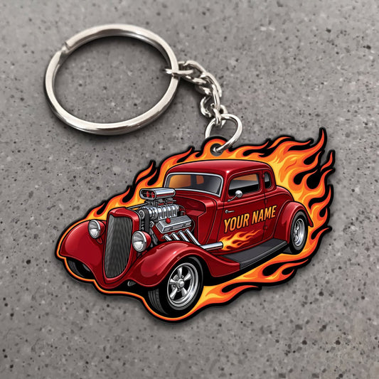 Maxcorners Hot Rod Red Vintage Roadster with Explosive Orange Flame Trail Personalized Name 3D Keychain And Ornament