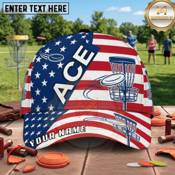 Maxcorners Disc Golf American Flag ACE Chain Basket Personalized Name 3D Cap LM3009