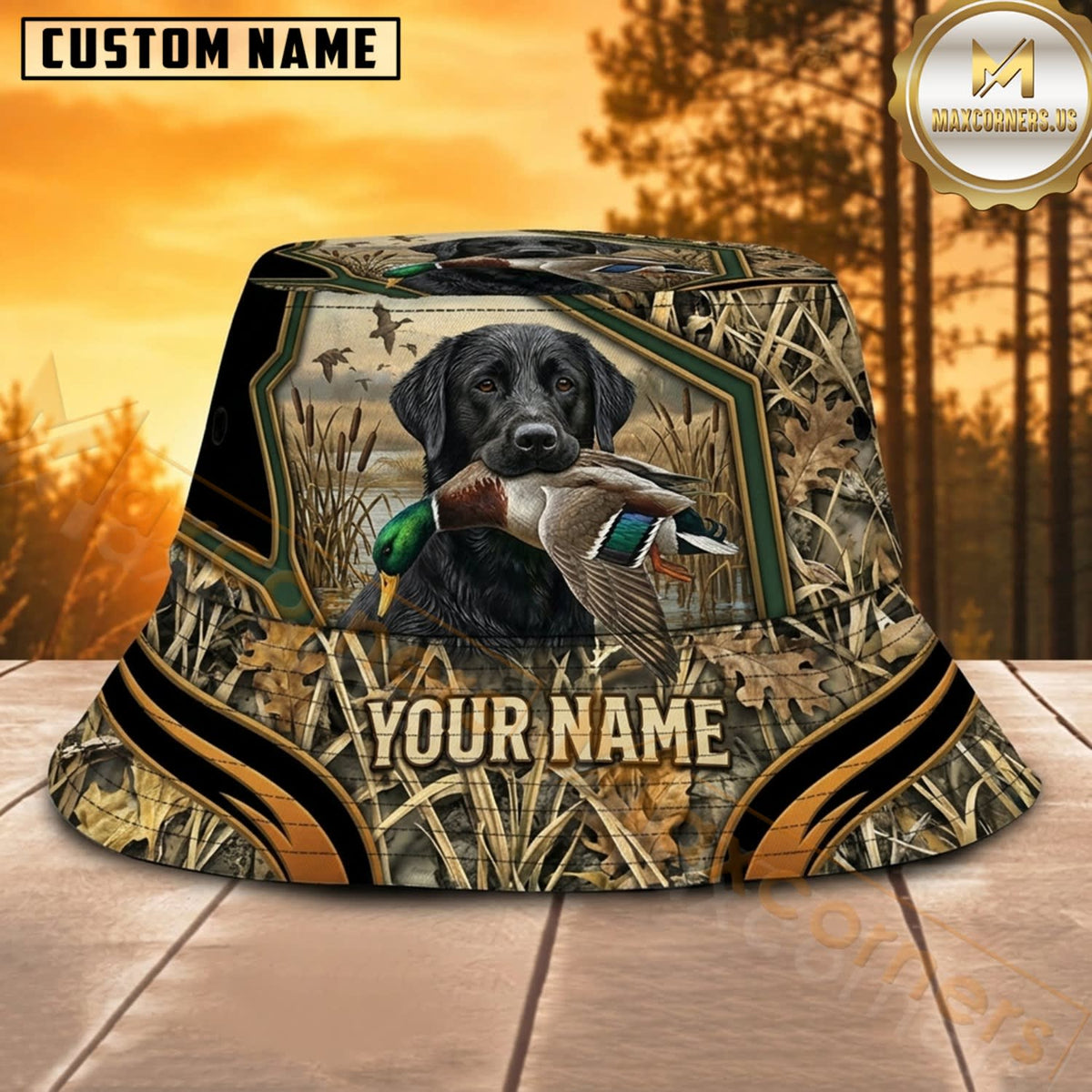 Maxcorners Duck Hunting Labrador Black Gold Personalized Name 3D Bucket Hat