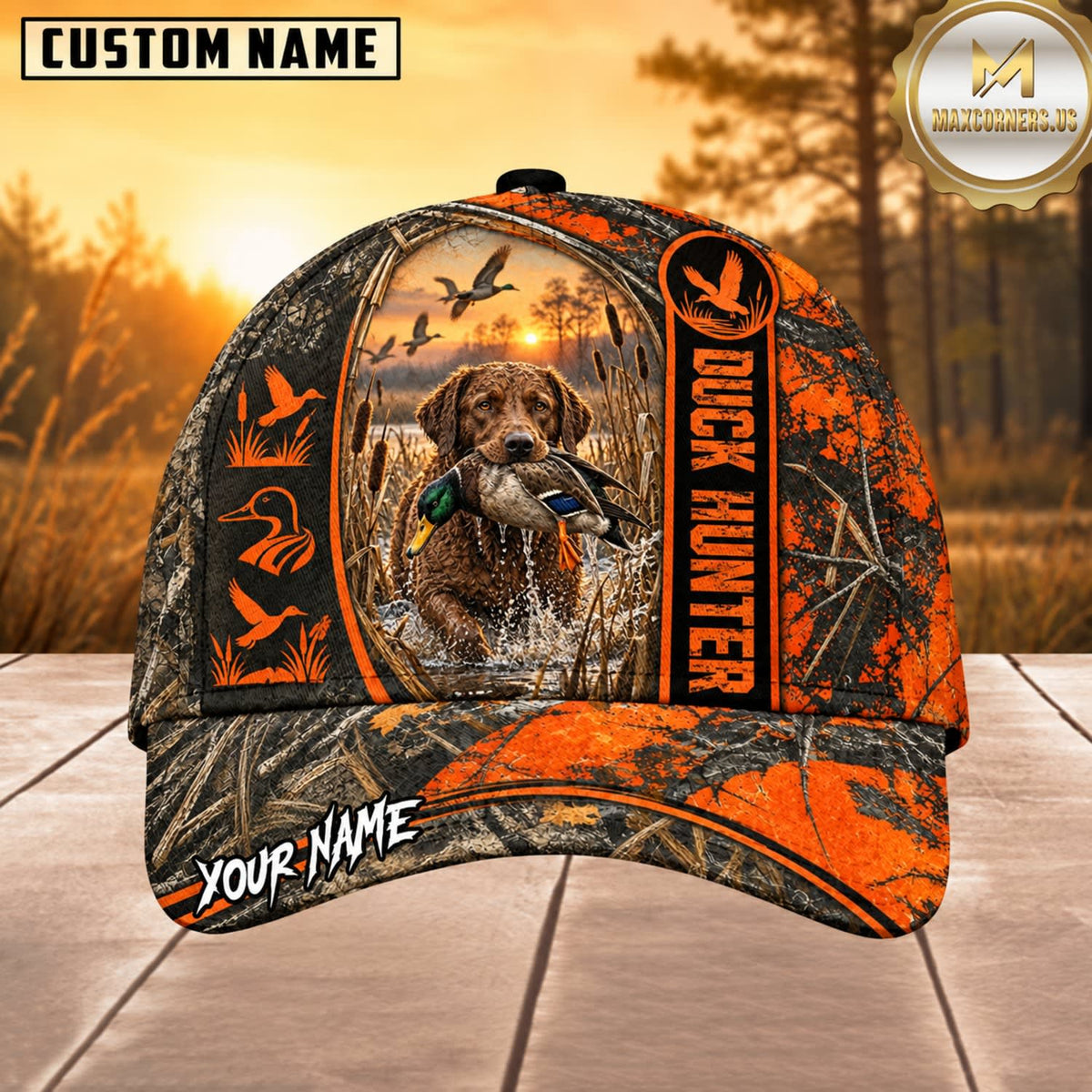 Maxcorners Dog Hunting And Duck Orange Black Duck Hunter Stripe Design Multiple Options Personalized Name 3D Cap