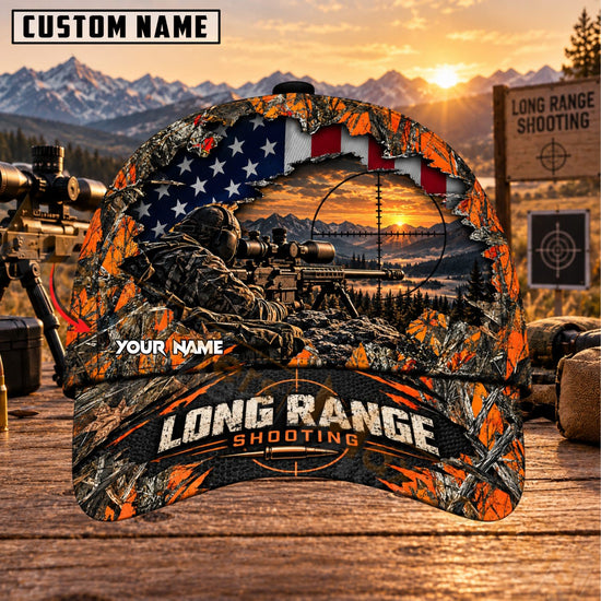 Maxcorners Long Range Shooting Mountain Sunset Blaze Orange Camo Personalized Name 3D Cap