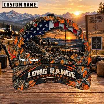 Maxcorners Long Range Shooting Mountain Sunset Blaze Orange Camo Personalized Name 3D Cap