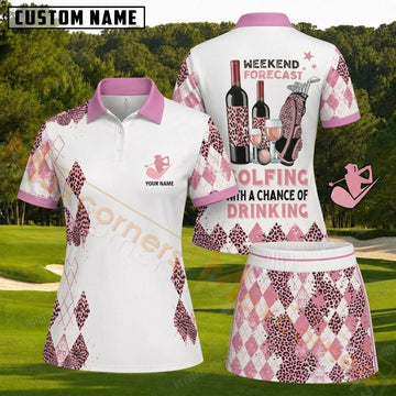 Maxcorners Pink Leopard Argyle Golf and Wine Weekend Forecast Personalized Name 3D Golf Shirt and Skirt