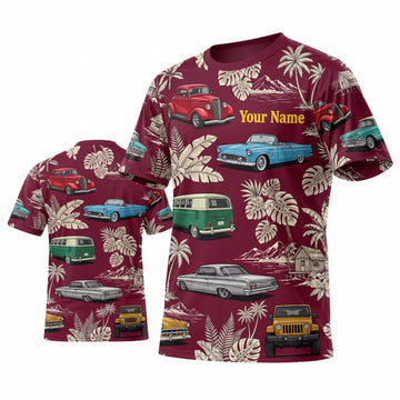 Maxcorners Personalized Car Classic Muscle Car 3D T-Shirt – Burgundy Custom Name Tropical Hibiscus Flowers and Retro Cars