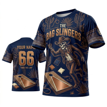 Maxcorners Cornhole The Bag Slingers Navy Gold Western Cowboy Personalized Name 3D Unisex Shirt