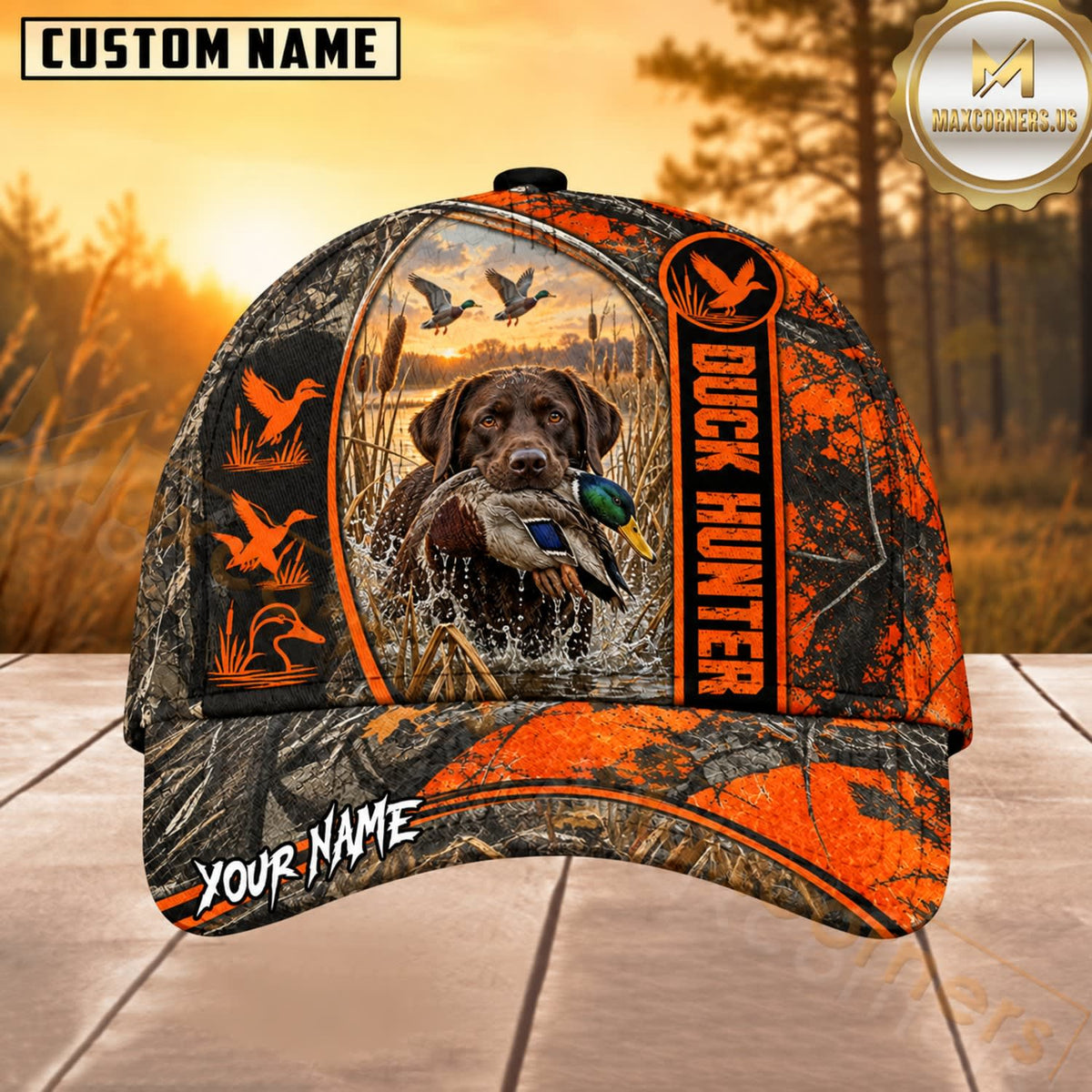 Maxcorners Dog Hunting And Duck Orange Black Duck Hunter Stripe Design Multiple Options Personalized Name 3D Cap