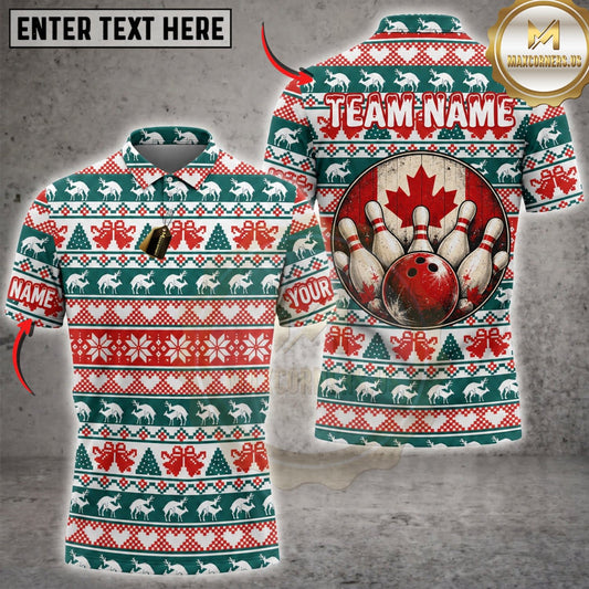 Maxcorners Bowling Funny Christmas Sweater Canadian Maple Leaf Bowling Pins Personalized Name 3D Unisex Shirt