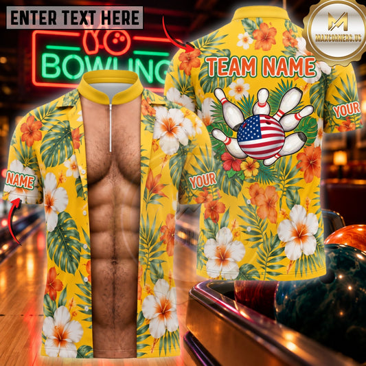 Maxcorners Bowling Floral Aloha Open Shirt Six Pack US Pins Apparel Customized Name, Team Name 3D Shirts
