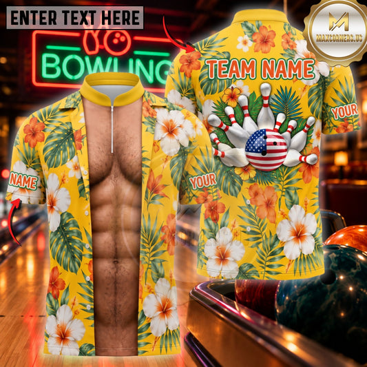 Maxcorners Bowling Tropical Hawaiian Open Chest Abs Pin Strike Shirt Customized Name, Team Name 3D Shirts