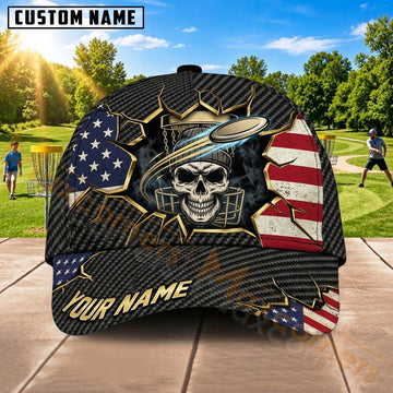 Maxcorners Disc Golf Basket & Skull Eagle Graphic with Stars and Stripes Customized Name 3D Cap