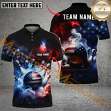 Maxcorners American Flag Smoke Bowling Jersey Customized Name, Team Name 3D Polo Shirt