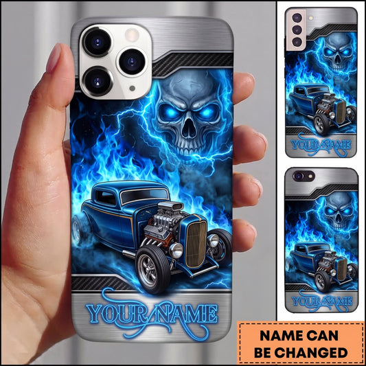Maxcorners Hot Rod Blue Vintage Car with Glowing Skull and Electric Blue Flames Personalized Name 3D Phone Case