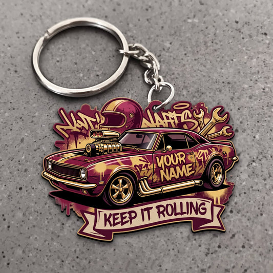 Maxcorners Classic Muscle Car Burgundy Gold Vintage Coupe with Keep It Rolling Banner Personalized Name 3D Keychain And Ornament