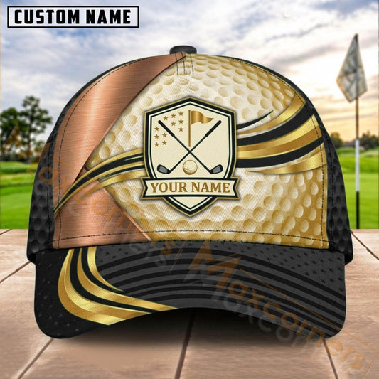 Maxcorners Golf Crossed Clubs Shield Gold Curve Personalized Name 3D Cap (7 Colors)