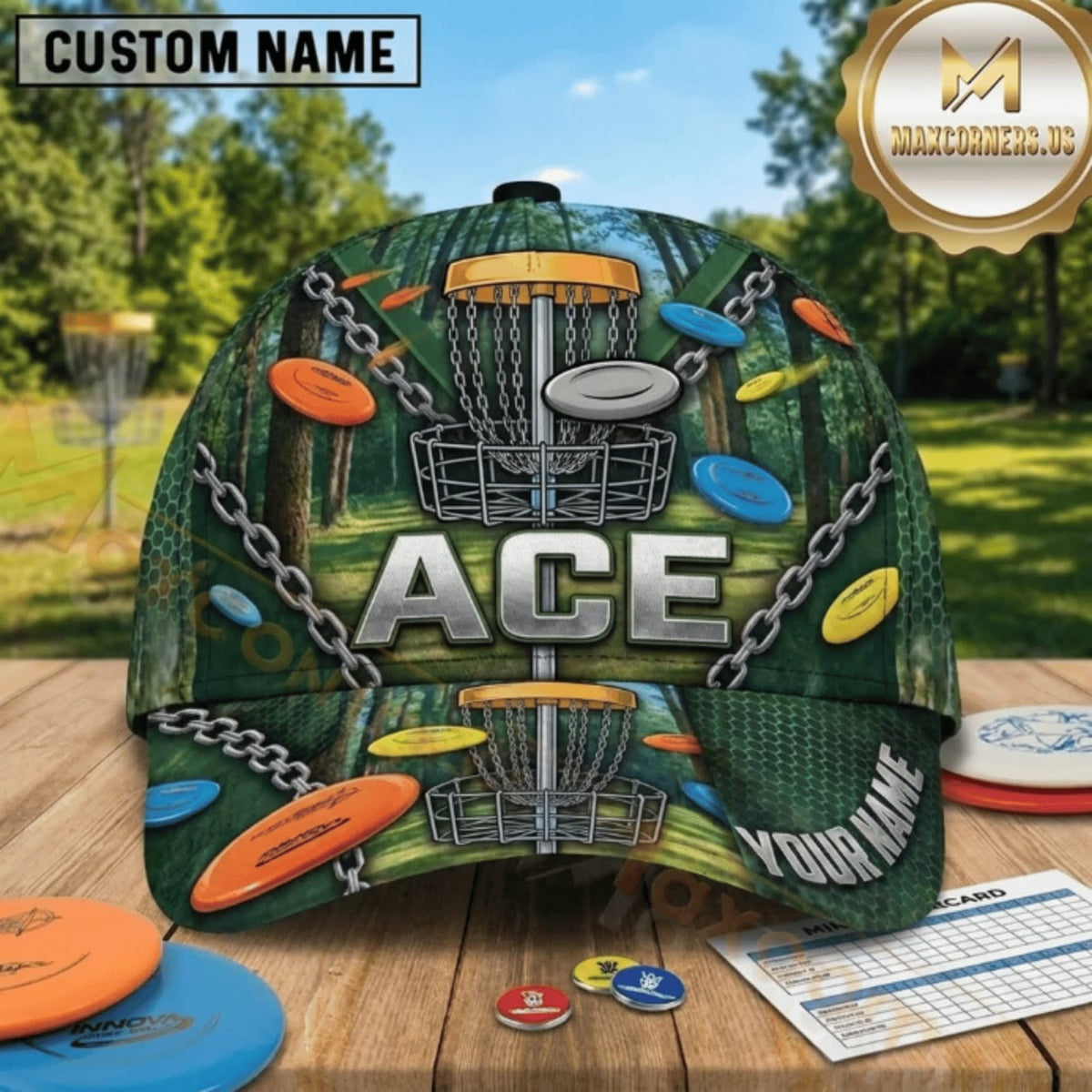 Maxcorners Disc Golf Forest ACE Chain Basket & Flying Discs Personalized Name 3D Cap LM3009