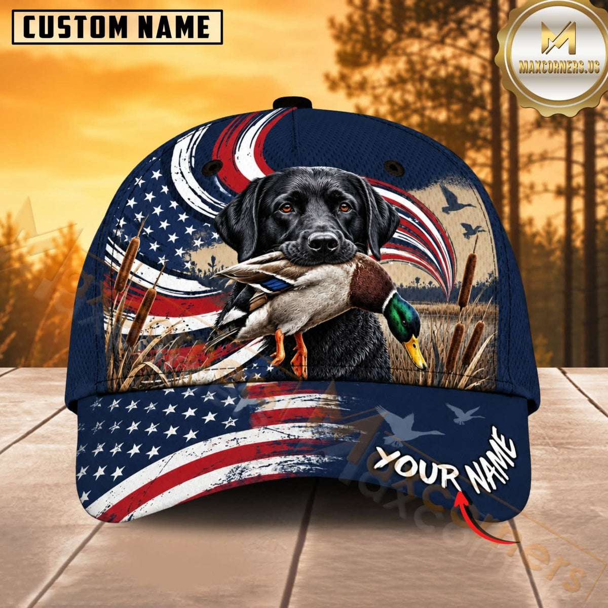 Maxcorners Dog Hunting And Duck Navy Blue Patriotic American Flag Personalized Name 3D Cap
