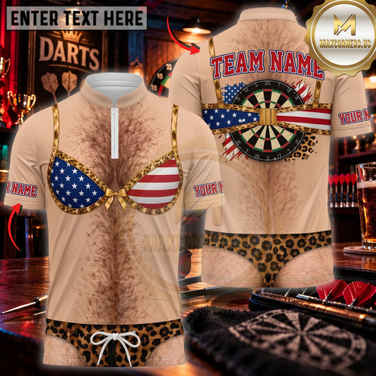 Maxcorners Darts Funny Leopard Print Bikini Body Golden Dartboard Personalized Name 3D Unisex Shirt