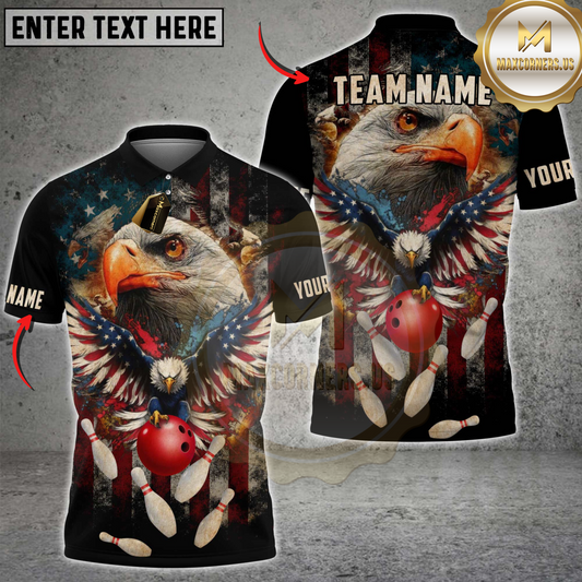 Maxcorners Bowling American Eagle with USA Flag Bowling Ball and Pins Personalized Name 3D Unisex Shirt