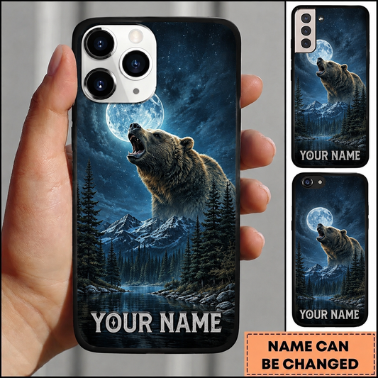 Maxcorners Hunting Wild Brown Bear Moonlight Mountain Forest Lake Night Sky Customized Name Phone Case