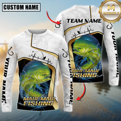 Maxcorners Fishing White Marble & Gold Trim Mahi Mahi Splash Heartbeat Line Personalized Name, Team Name 3D Long Sleeve Shirt (Mahi-mahi, Tuna, Chinook, Marlin, Striped Bass, Salmon)