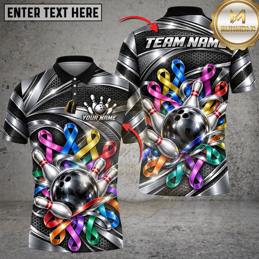 Maxcorners Bowling Cancer Awareness Ribbons Monochromatic Metallic Waves Ball Pins Graphic Customized Name, Team Name 3D Shirts