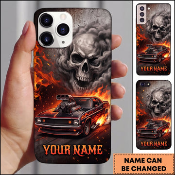Maxcorners Hot Rod Black Classic Car with Gray Skull and Explosive Orange Flames Personalized Name 3D Phone Case