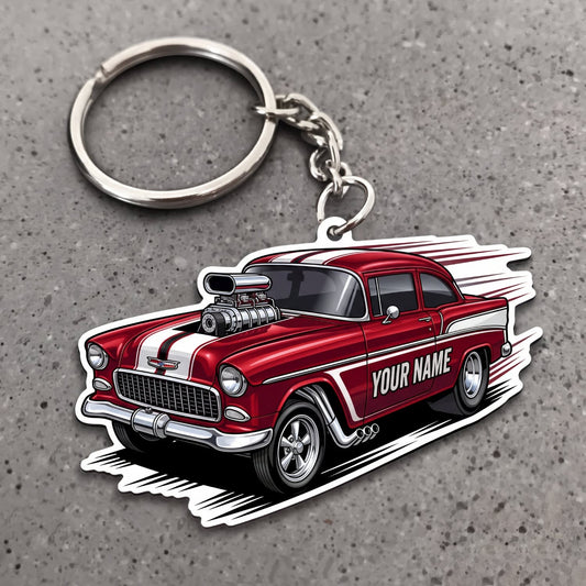 Maxcorners Classic Muscle Car Red Vintage Racing Coupe with White Speed Stripes Personalized Name 3D Keychain And Ornament
