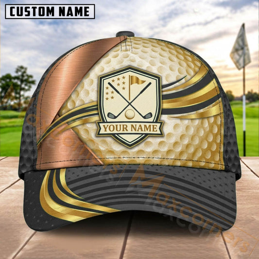Maxcorners Golf Crossed Clubs Shield Gold Curve Personalized Name 3D Cap (7 Colors)