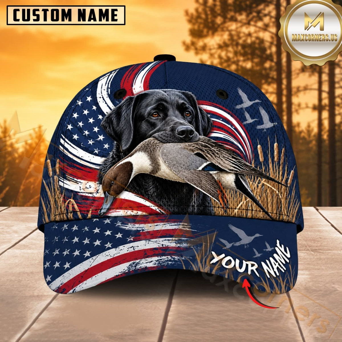 Maxcorners Dog Hunting And Duck Navy Blue Patriotic American Flag Personalized Name 3D Cap