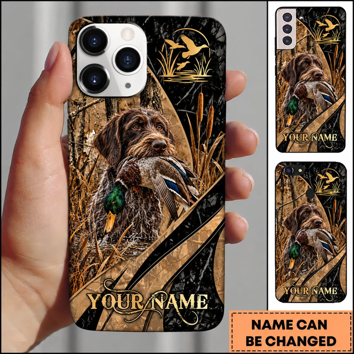 Maxcorners Duck Hunting German Wirehaired Pointer Golden Mallard Hunting Badge Personalized Name 3D Phone Case - German Wirehaired Pointer