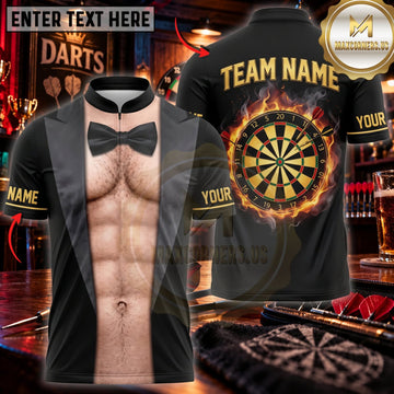Maxcorners Darts Sexy Black Tuxedo Muscular Abs Golden Dartboard Personalized Name 3D Unisex Shirt