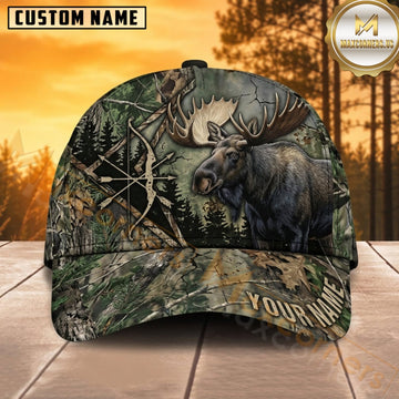 Maxcorners Moose Hunting Bull Moose Close Up Evergreen Forest Camo Customized Name 3D Cap