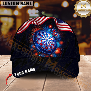 Maxcorners Darts USA Flag Fireworks Dartboard Personalized Name 3D Cap