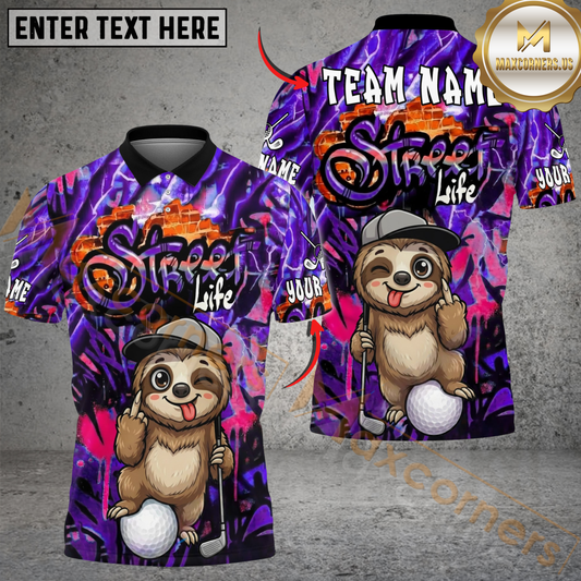 Maxcorners Sloth Street Golf Polo Shirt, Customized Name & Team Name 3D Shirts (4 Colors)