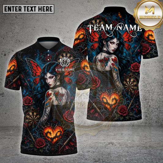 Maxcorners Darts Gothic Butterfly Girl Rose Heart Dartboard Multiple Personalized Name, Team Name 3D Shirt