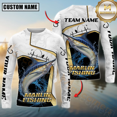 Maxcorners Fishing White Marble & Gold Trim Mahi Mahi Splash Heartbeat Line Personalized Name, Team Name 3D Long Sleeve Shirt (Mahi-mahi, Tuna, Chinook, Marlin, Striped Bass, Salmon)