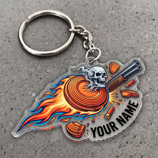 Maxcorners Clay Shooting Flaming Skull Shotgun And Clay Targets Customized Name 3D Keychain And Ornament