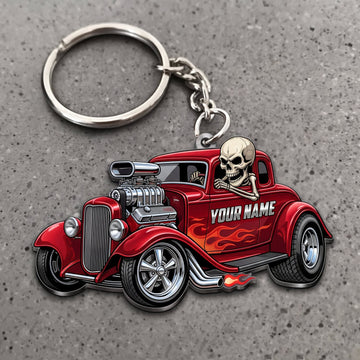 Maxcorners Hot Rod Red Classic Roadster Chrome Engine and Skull Driver Personalized Name 3D Keychain And Ornament