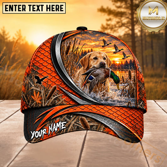 Maxcorners Dog Hunting And Duck Orange Black Curved Stripe Marsh Sunset Scene Multiple Options Personalized Name 3D Cap