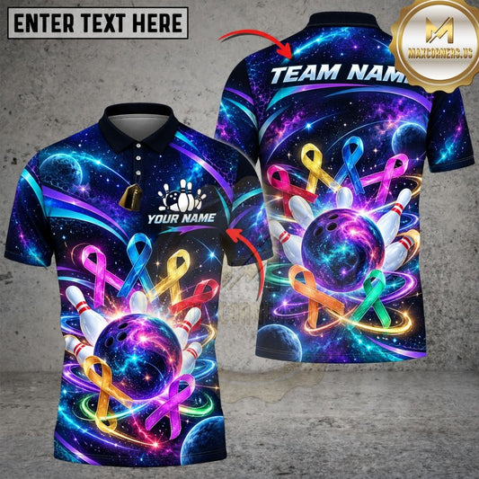 Maxcorners Bowling Cancer Awareness Ribbons Galaxy Cosmic Glow Ball Flying Pins Graphic Customized Name, Team Name 3D Shirts