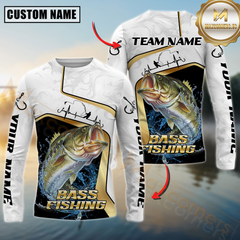 Maxcorners Fishing White Marble & Gold Trim Mahi Mahi Splash Heartbeat Line Personalized Name, Team Name 3D Long Sleeve Shirt (Large Mouth Bass, Walleye, Trout, Crappie, Catfish, Pike)